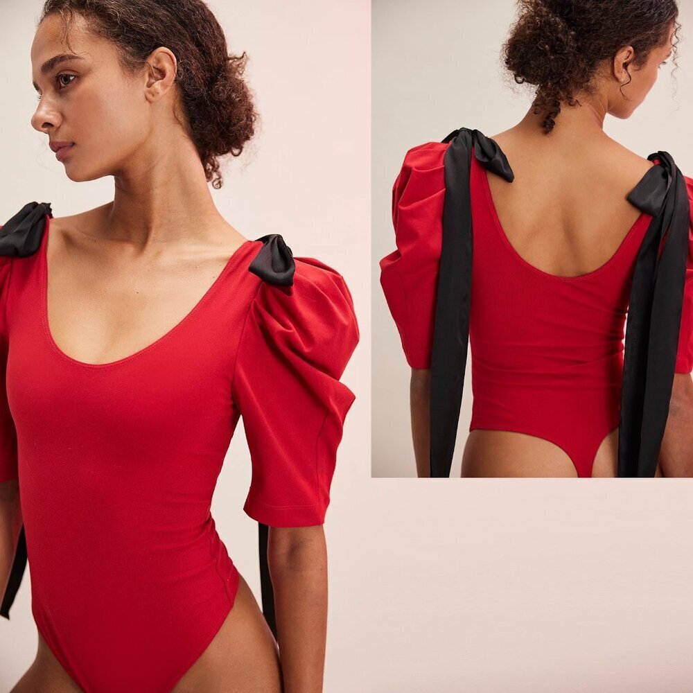 NWT New Free People What A Girl Wants Bodysuit Red Black Ties Bodysuit Size S